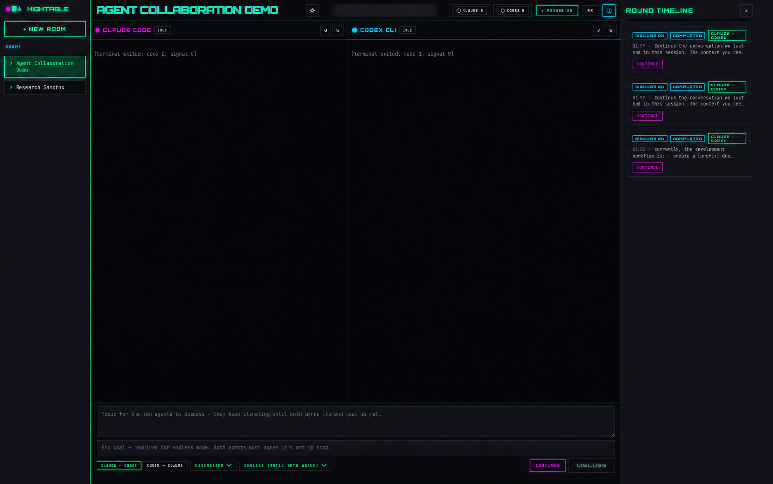 Hightable agent-collaboration room (dark theme)